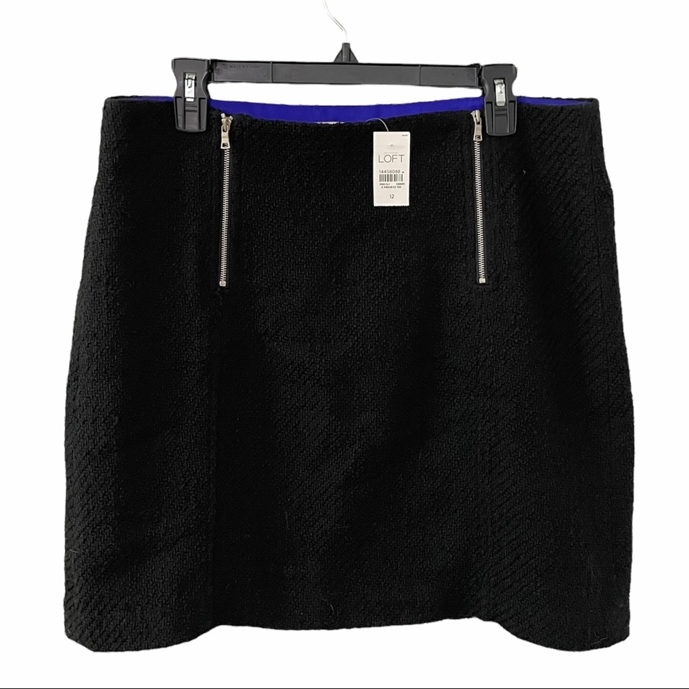 NWT LOFT Black Tweed Skirt with Double Zippers on Front
